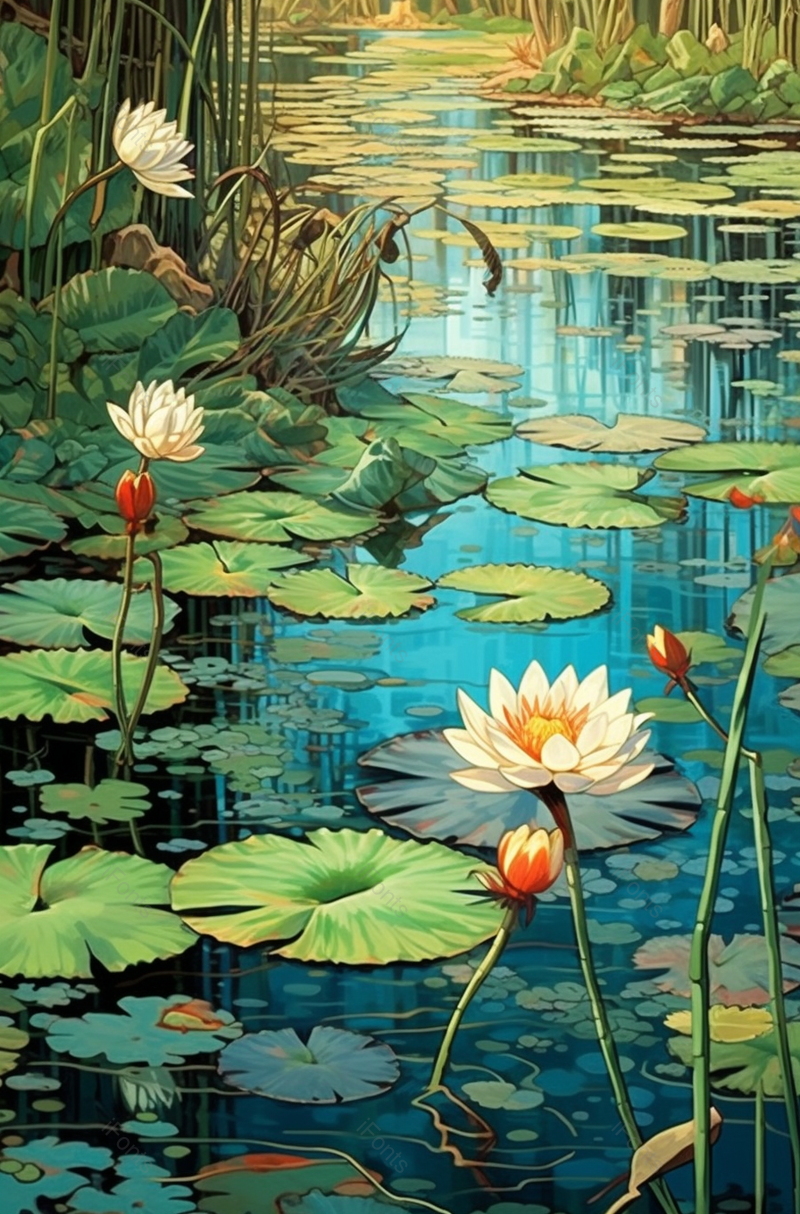 池塘里的睡莲盛开安逸舒适自然的环境节气背景素材插画壁纸,插画/手绘图,插画/手绘图库,插画/手绘图下载,插画/手绘